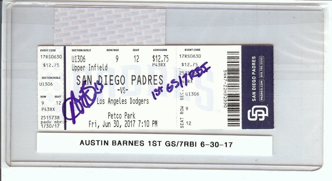 Austin Barnes Autographed Ticket Stub Dodgers 1st GS 7 RBI PSA 6/30/17 (1 of 2)