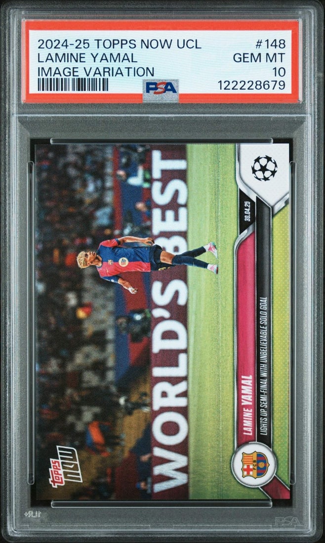 2024 Topps Now UCL Lamine Yamal #148 PSA 10 Soccer Card: 2024 Topps Now UCL Lamine Yamal #148 PSA 10 Soccer Card This is a graded 2024 Topps Now UCL Lamine Yamal #148 image variation soccer card, featuring the talented player from FC Barcelona. The card has