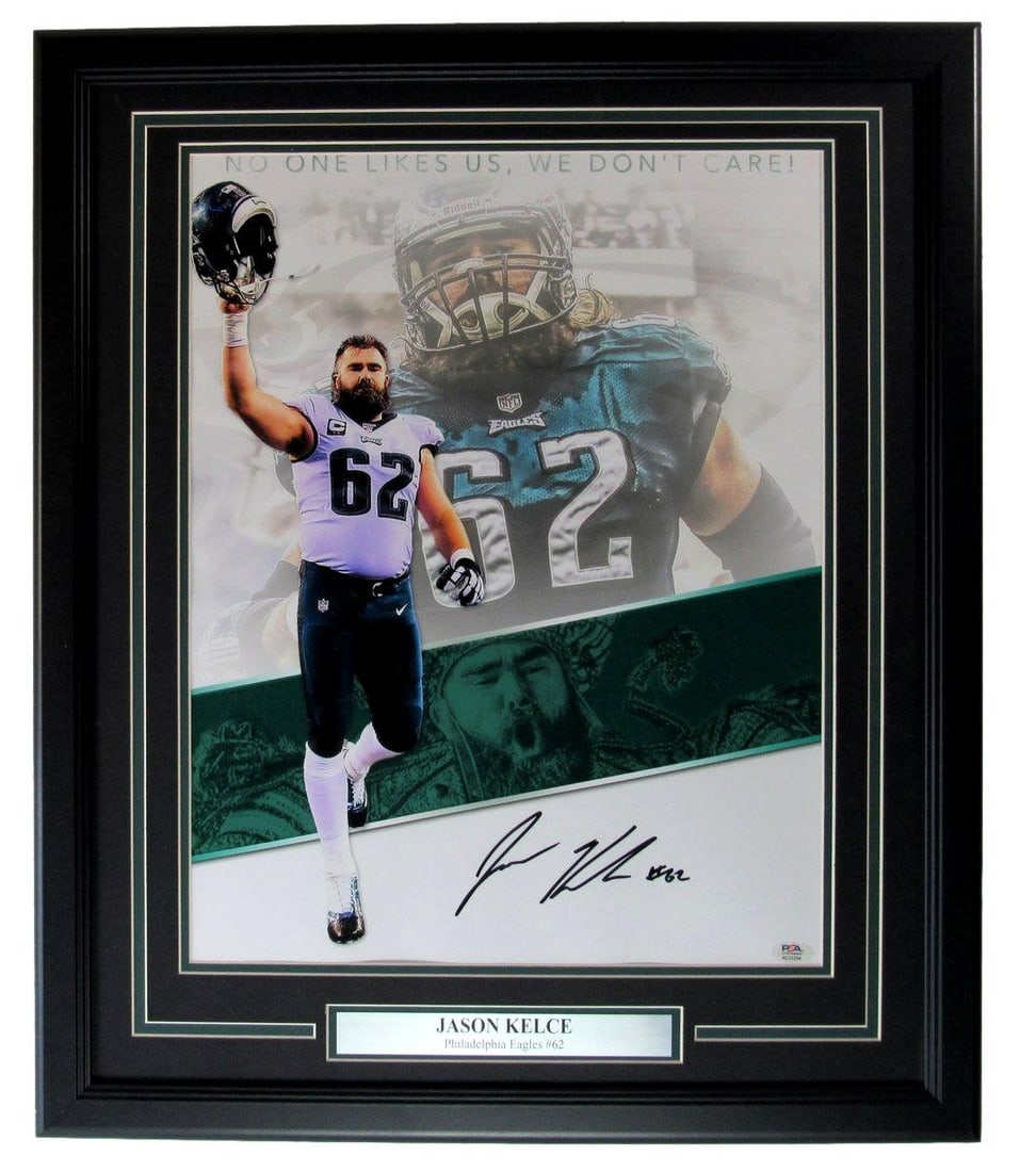Framed 16x20 Jason Kelce Autographed Eagles Photo PSA DNA Authenticated: Framed 16x20 Jason Kelce Autographed Eagles Photo PSA DNA Authenticated This framed 16x20 photo features the autograph of Jason Kelce from the Philadelphia Eagles. The item is authenticated by PSA/DNA