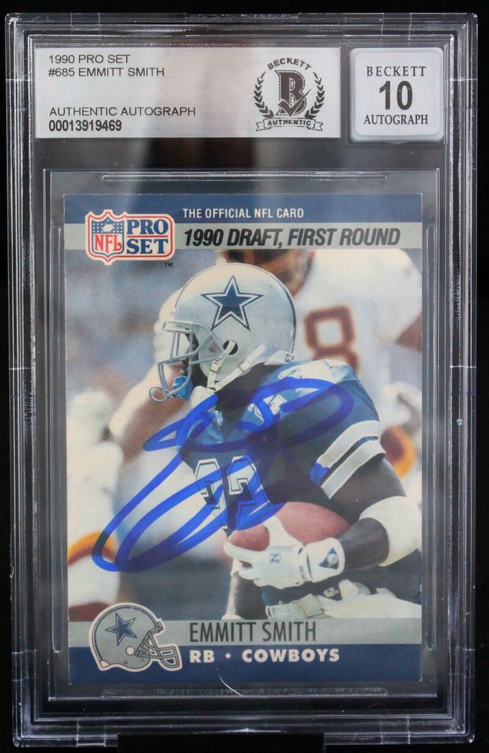 Emmitt Smith Signed 1990 Pro Set Rookie Card BGS 10 Autograph Dallas Cowboys: Emmitt Smith Signed 1990 Pro Set Rookie Card BGS 10 Autograph Dallas Cowboys This is an original 1990 Pro Set #685 Emmitt Smith sports trading card, autographed by Emmitt Smith of the Dallas Cowboys. 