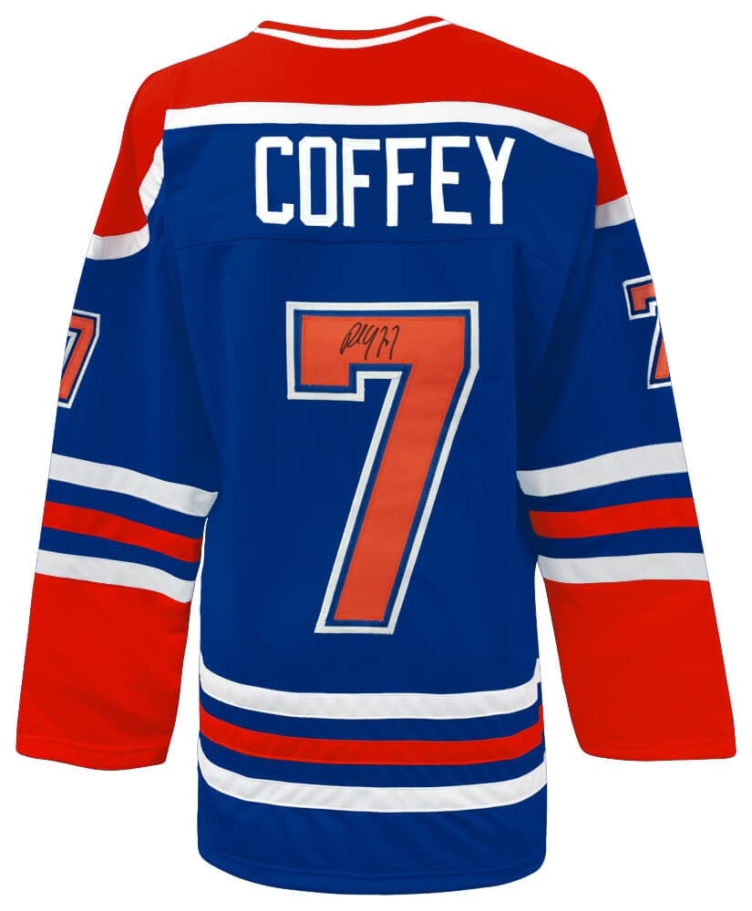 Signed Paul Coffey Blue Custom Edmonton Hockey Jersey: Signed Paul Coffey Blue Custom Edmonton Hockey Jersey This blue custom hockey jersey is signed by Paul Coffey of the Edmonton Oilers. The jersey comes with a tamper-proof numbered hologram and a Certi