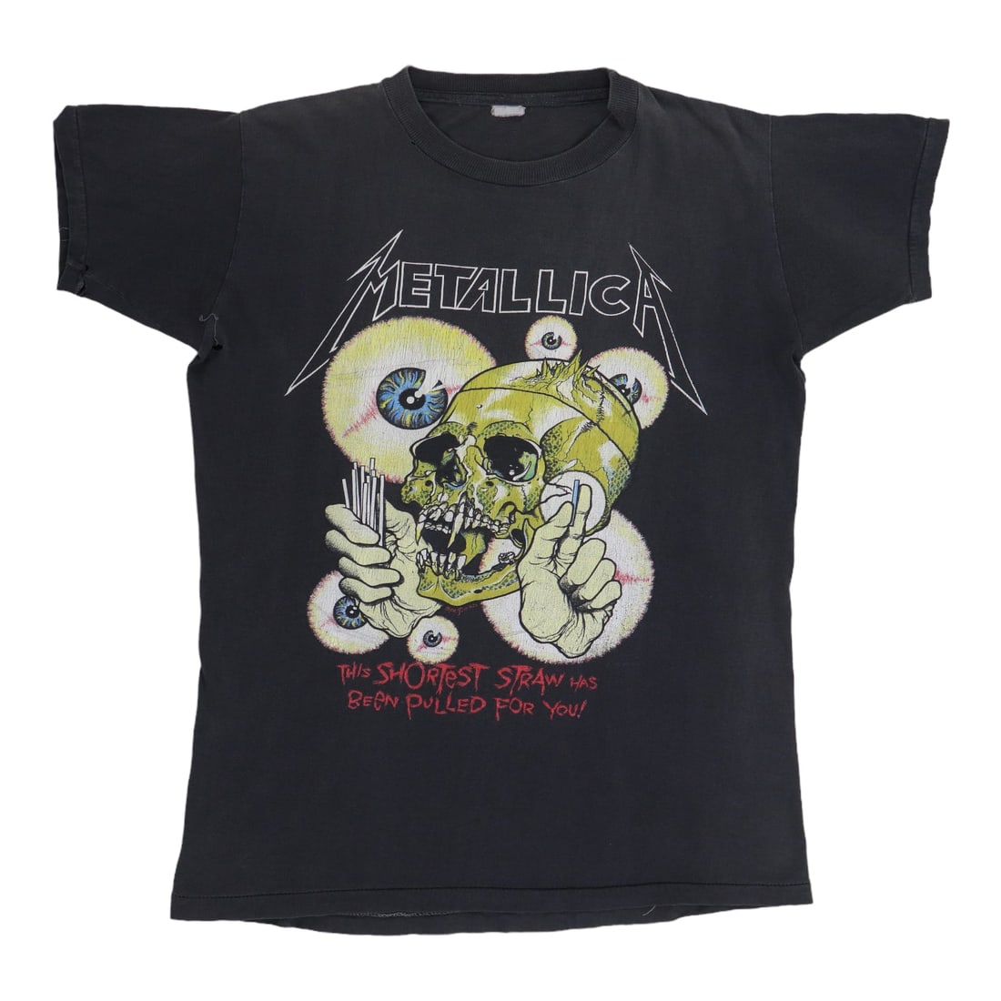 Vintage 1980s Metallica The Shortest Straw Graphic Black Cotton T Shirt: Vintage 1980s Metallica The Shortest Straw Graphic Black Cotton T Shirt This is an original vintage Metallica "Shortest Straw" shirt from the 1980s. Featuring both front and back graphics, this authen