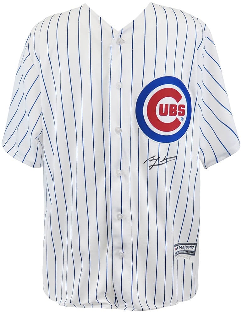 Ben Zobrist Signed Chicago Cubs Majestic Replica Jersey with COA: Ben Zobrist Signed Chicago Cubs Majestic Replica Jersey with COA Celebrate your love for the Chicago Cubs with this authentic Ben Zobrist signed white pinstripe Majestic replica jersey. This special p