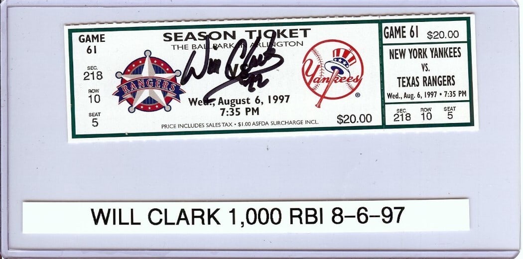Will Clark Autographed Ticket Stub 1000 RBI Texas Rangers JSA Authenticated: Will Clark Autographed Ticket Stub 1000 RBI Texas Rangers JSA Authenticated This original ticket stub is autographed by Will Clark, a celebrated player for the Texas Rangers, commemorating his achieve