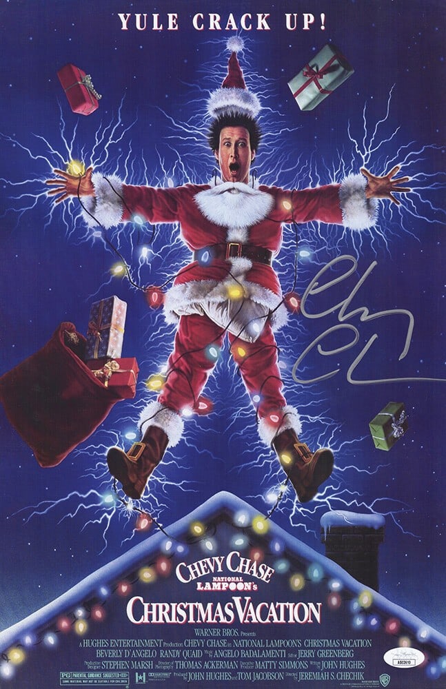Chevy Chase Signed Christmas Vacation Poster 11x17 JSA COA Silver Ink: Chevy Chase Signed Christmas Vacation Poster 11x17 JSA COA Silver Ink Celebrate the holiday season with this authentic 11x17 movie poster from the classic film "Christmas Vacation," boldly signed by C