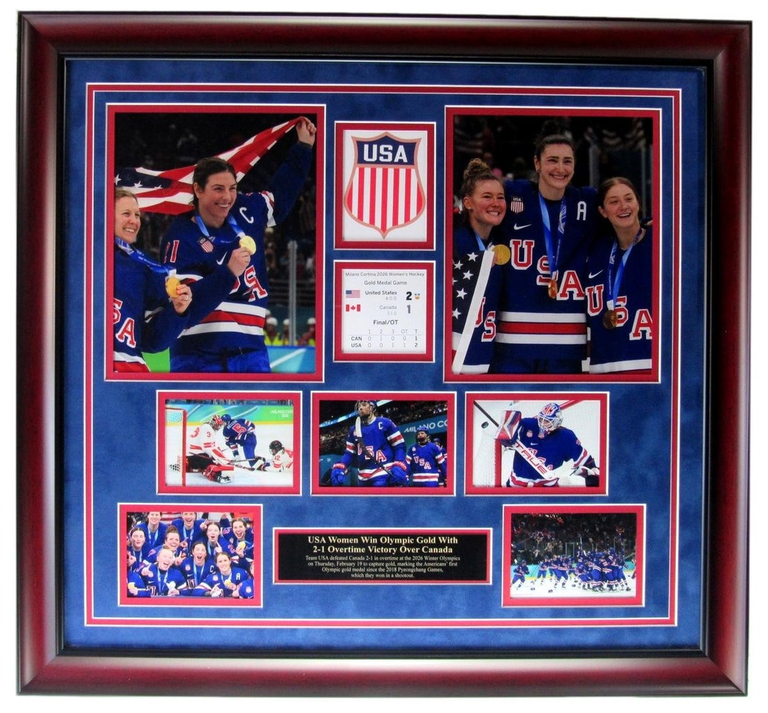 Framed 2026 USA Women's Olympic Hockey Gold Medal Team Commemorative Photo Collage: Framed 2026 USA Women's Olympic Hockey Gold Medal Team Commemorative Photo Collage Celebrate the achievements of the 2026 USA Women's Olympic Gold Medal Hockey Team with this commemorative photo colla
