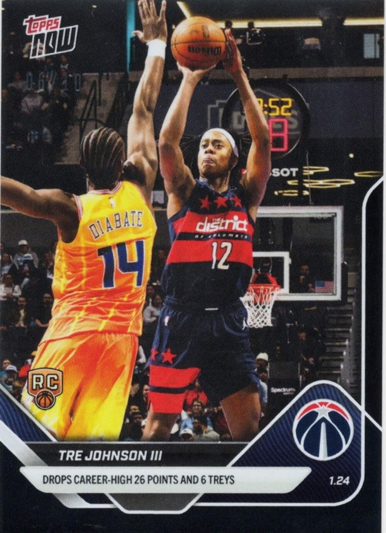 Tre Johnson Rookie Black Foil /10 2025 Basketball Card Topps Now #140: Tre Johnson Rookie Black Foil /10 2025 Basketball Card Topps Now #140 This 2025 Topps Now Tre Johnson #140 Black Foil /10 Rookie RC basketball card features Tre Johnson of the Washington Wizards. The 