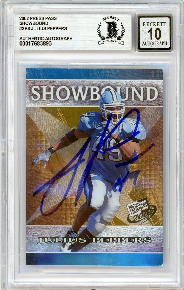 2002 Press Pass Showbound Julius Peppers RC Autograph BGS 10: 2002 Press Pass Showbound Julius Peppers RC Autograph BGS 10 This is a 2002 Press Pass Showbound #SB6 sports trading card featuring Julius Peppers, a standout player from the Carolina Panthers. The ca