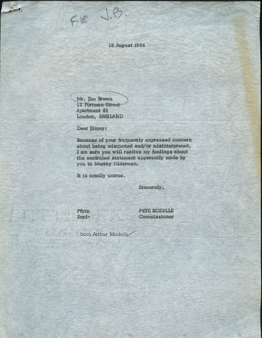 1966 Typed Letter from Pete Rozelle to Jim Brown NFL Original (1 of 1)