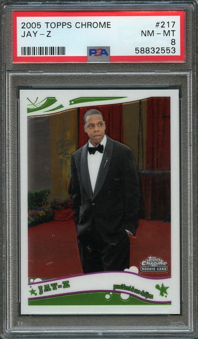2005 Topps Chrome Jay-Z Rookie Card PSA NM-Mint 8 Slabbed Collectible: 2005 Topps Chrome Jay-Z Rookie Card PSA NM-Mint 8 Slabbed Collectible This listing features a 2005 Topps Chrome #217 rookie card of Jay-Z, expertly graded as NM-Mint 8 by PSA. This high-quality gradin