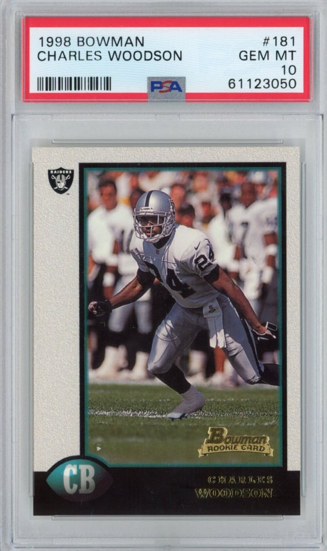 1998 Bowman Charles Woodson #181 Rookie Football Card PSA 10 Mint: 1998 Bowman Charles Woodson #181 Rookie Football Card PSA 10 Mint This is a graded 1998 Bowman Charles Woodson #181 Rookie RC Football Card, achieving a PSA grade of 10 Mint. It features Charles Woods