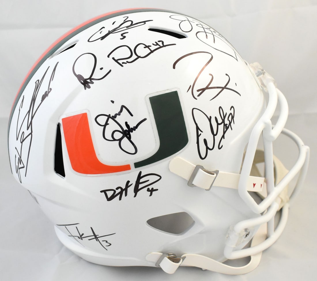 Full Size Miami Hurricanes Helmet Signed by 11 Legends Beckett Witnessed: Full Size Miami Hurricanes Helmet Signed by 11 Legends Beckett Witnessed This University of Miami Hurricanes full-size Speed helmet features signatures from eleven team legends. It is authenticated wi