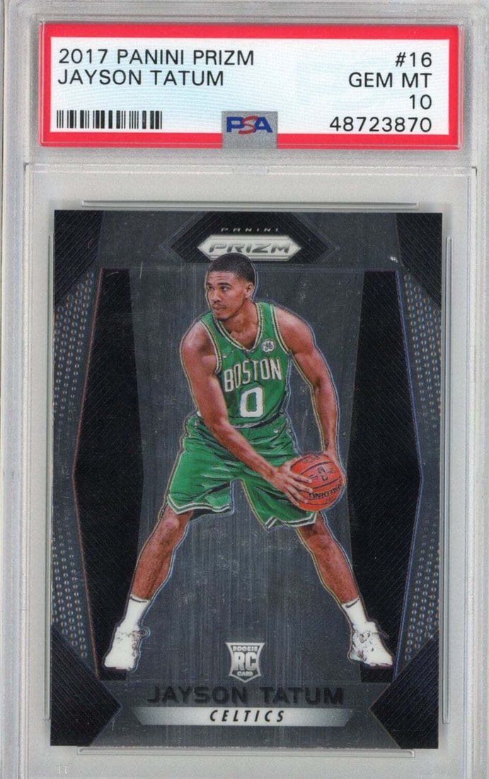 2017-18 Panini Prizm Jayson Tatum #16 Rookie Basketball Card PSA 10: 2017-18 Panini Prizm Jayson Tatum #16 Rookie Basketball Card PSA 10 This graded 2017-18 Panini Prizm Jayson Tatum #16 Rookie RC Basketball Card is certified by Professional Sports Authenticator (PSA) 