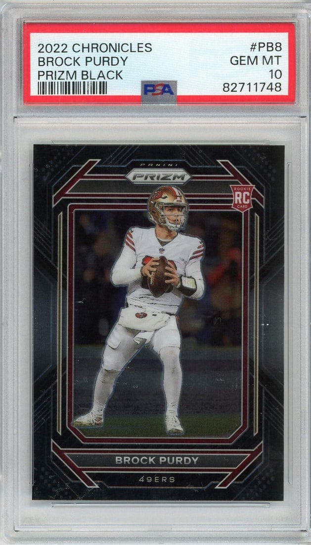 2022 Chronicles Brock Purdy #PB8 Prizm Black Rookie Card PSA 10 NFL: 2022 Chronicles Brock Purdy #PB8 Prizm Black Rookie Card PSA 10 NFL Presenting the 2022 Chronicles Brock Purdy #PB8 Prizm Black Rookie Football Card, graded PSA 10. This exceptional card features Broc
