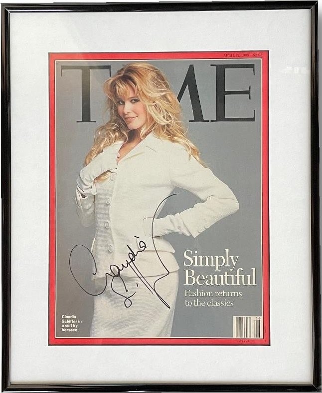 Claudia Schiffer Signed Time Magazine Custom Framed with COA: Claudia Schiffer Signed Time Magazine Custom Framed with COA This is an original Time magazine featuring Claudia Schiffer, signed by the supermodel herself. The magazine is custom framed, adding a sop