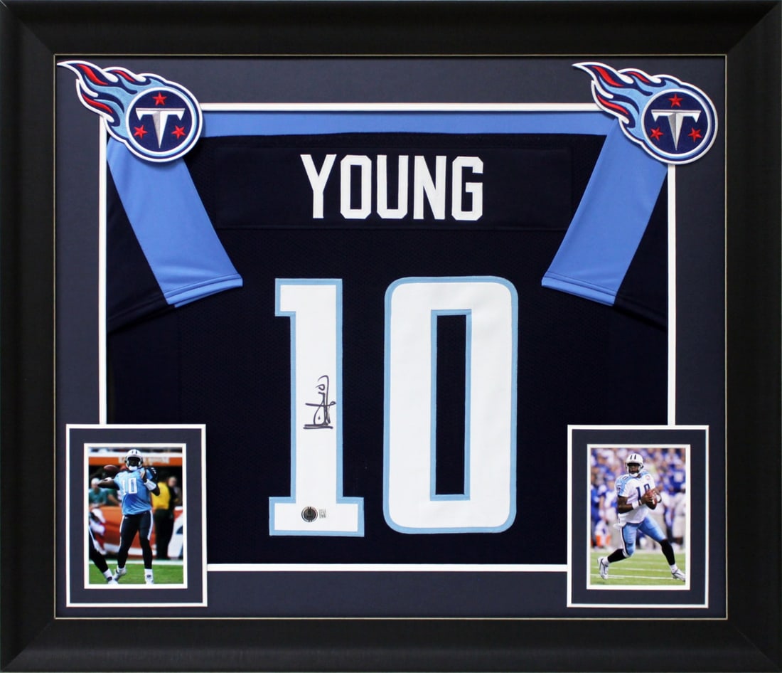 Vince Young Signed Blue Framed Jersey Tennessee Titans BAS Authenticated: Vince Young Signed Blue Framed Jersey Tennessee Titans BAS Authenticated Celebrate the legacy of Vince Young with this authentic signed blue pro style framed jersey. Personally signed by the Tennessee