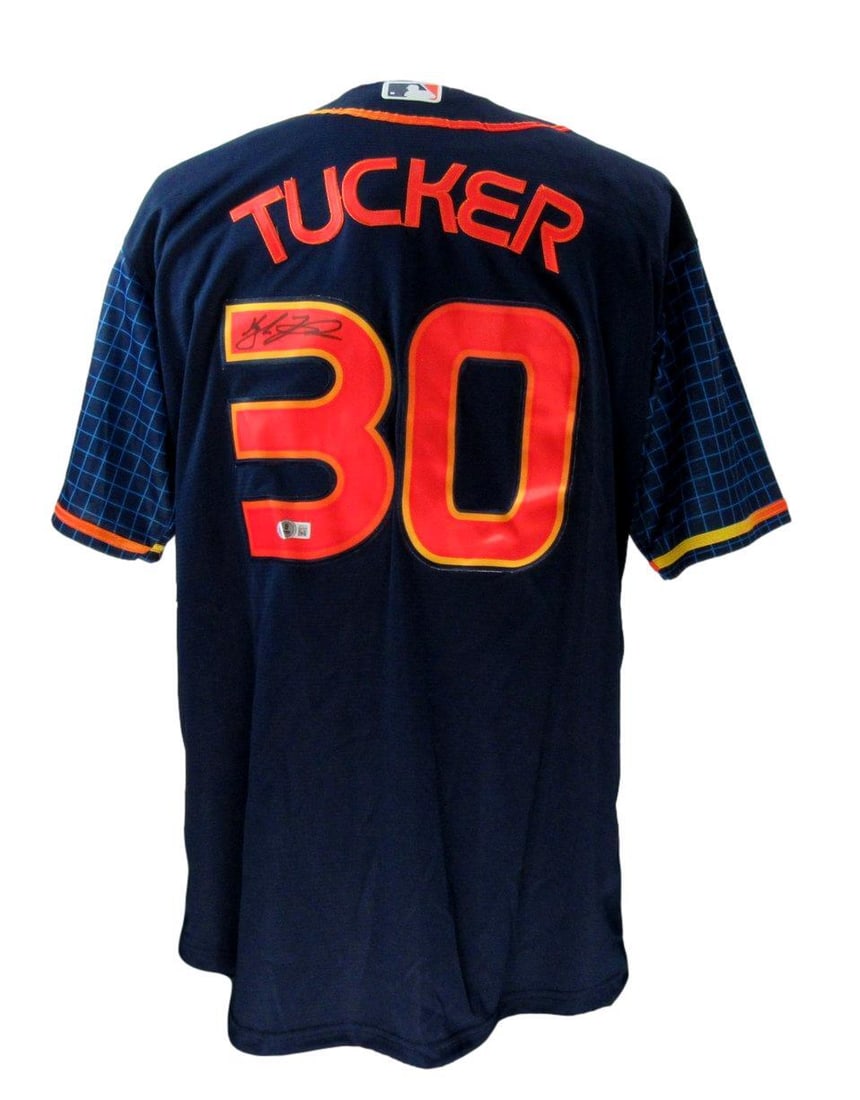 Kyle Tucker Signed Nike Navy Blue Space City Jersey MLB Beckett Authenticated: Kyle Tucker Signed Nike Navy Blue Space City Jersey MLB Beckett Authenticated Celebrate the Houston Astros with this Kyle Tucker signed Nike Navy Blue Space City Jersey. This authentic jersey features