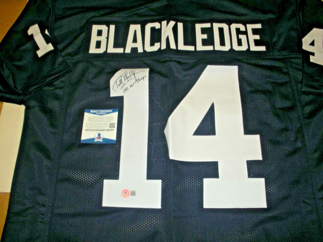 Signed Todd Blackledge Jersey Penn State 1982 Champions Beckett COA: Signed Todd Blackledge Jersey Penn State 1982 Champions Beckett COA This is a pre-owned Penn State Nittany Lions jersey signed by Todd Blackledge, commemorating the 1982 championship. The jersey is or