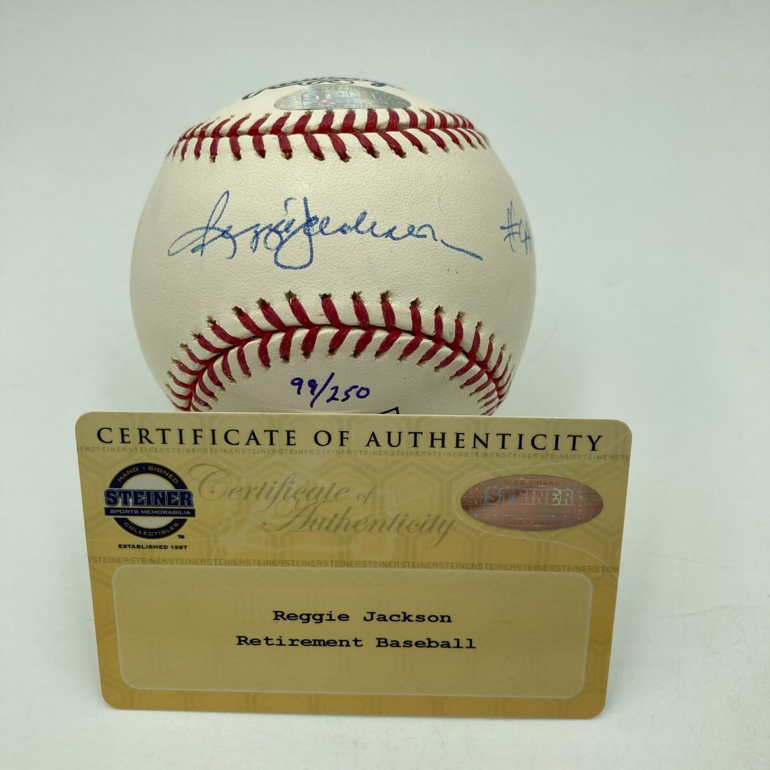 Reggie Jackson Signed Baseball #44 8-14-93 #9 5-22-04 Steiner COA 99/250: Reggie Jackson Signed Baseball #44 8-14-93 #9 5-22-04 Steiner COA 99/250 Celebrate the legacy of Reggie Jackson with this official Rawlings Major League baseball, signed by the legendary player himsel