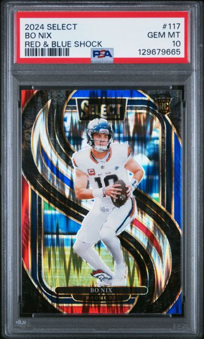2024 Panini Select Bo Nix #117 Red Blue Shock RC Football Card PSA 10: 2024 Panini Select Bo Nix #117 Red Blue Shock RC Football Card PSA 10 This is a 2024 Panini Select Bo Nix #117 Red & Blue Shock Rookie Card, graded PSA 10, indicating it is in gem mint condition. The 