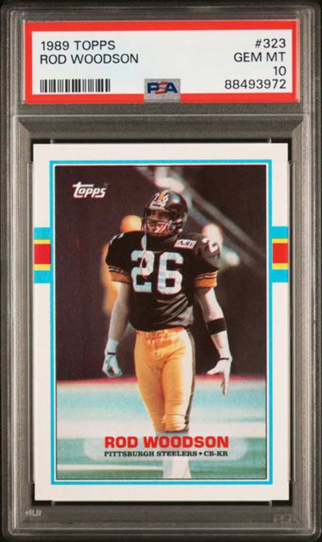 1989 Topps Rod Woodson #323 Rookie Football Card PSA 10 Gem Mint: 1989 Topps Rod Woodson #323 Rookie Football Card PSA 10 Gem Mint This is a graded 1989 Topps Rod Woodson #323 Rookie RC Football Card, receiving a PSA 10 Gem Mint rating. The card showcases Rod Woodso