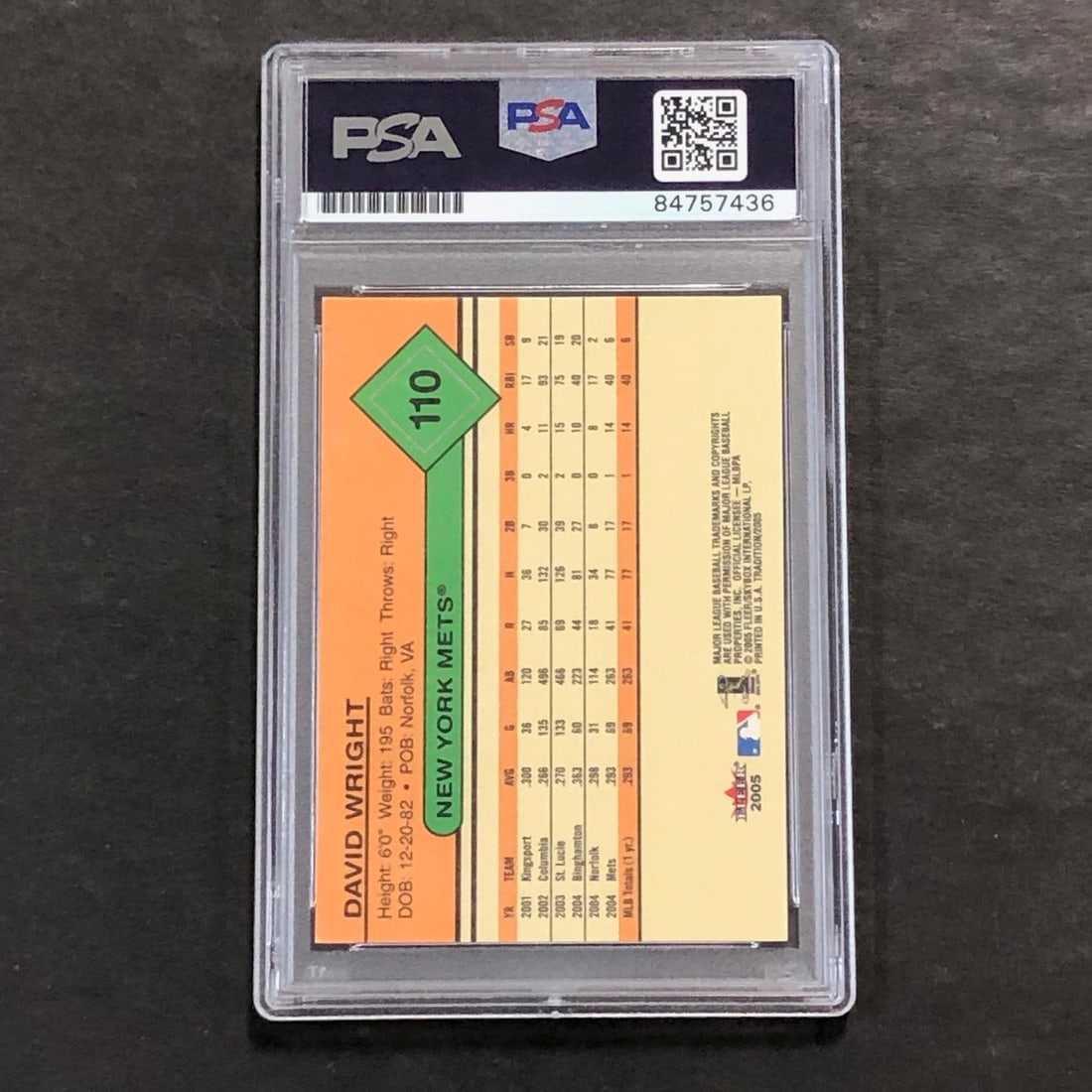 2005 Fleer #110 David Wright Signed Card PSA Authenticated Mets - 2