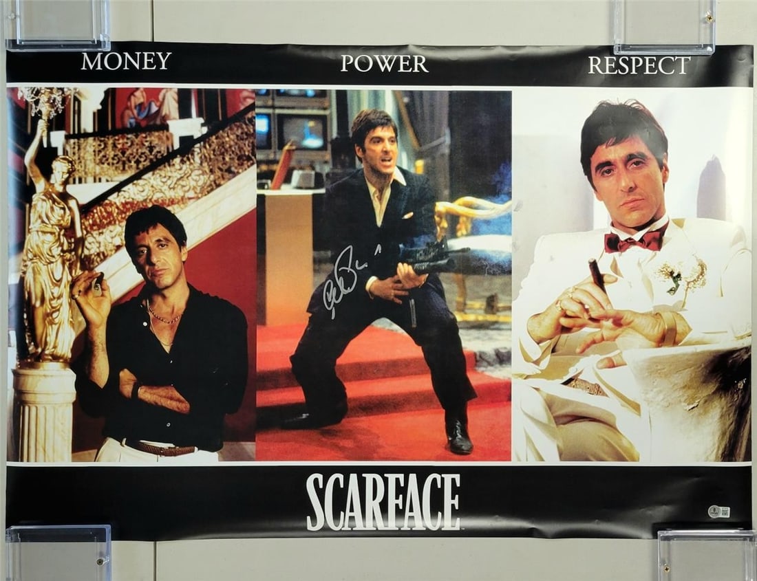 Scarface 24x36 Poster Signed by Al Pacino as Tony Montana Beckett Authenticated: Scarface 24x36 Poster Signed by Al Pacino as Tony Montana Beckett Authenticated This is an original Scarface poster measuring 24x36 inches, featuring a hand-signed autograph by Al Pacino, who portraye