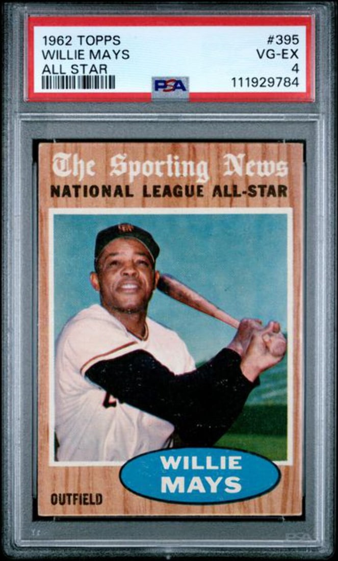 Willie Mays 1962 Topps All Star Card PSA Graded 4 VG-EX #395: Willie Mays 1962 Topps All Star Card PSA Graded 4 VG-EX #395 This is an original 1962 Topps All Star Willie Mays #395 baseball card, professionally graded by PSA with a grade of 4 (VG-EX). The card fe