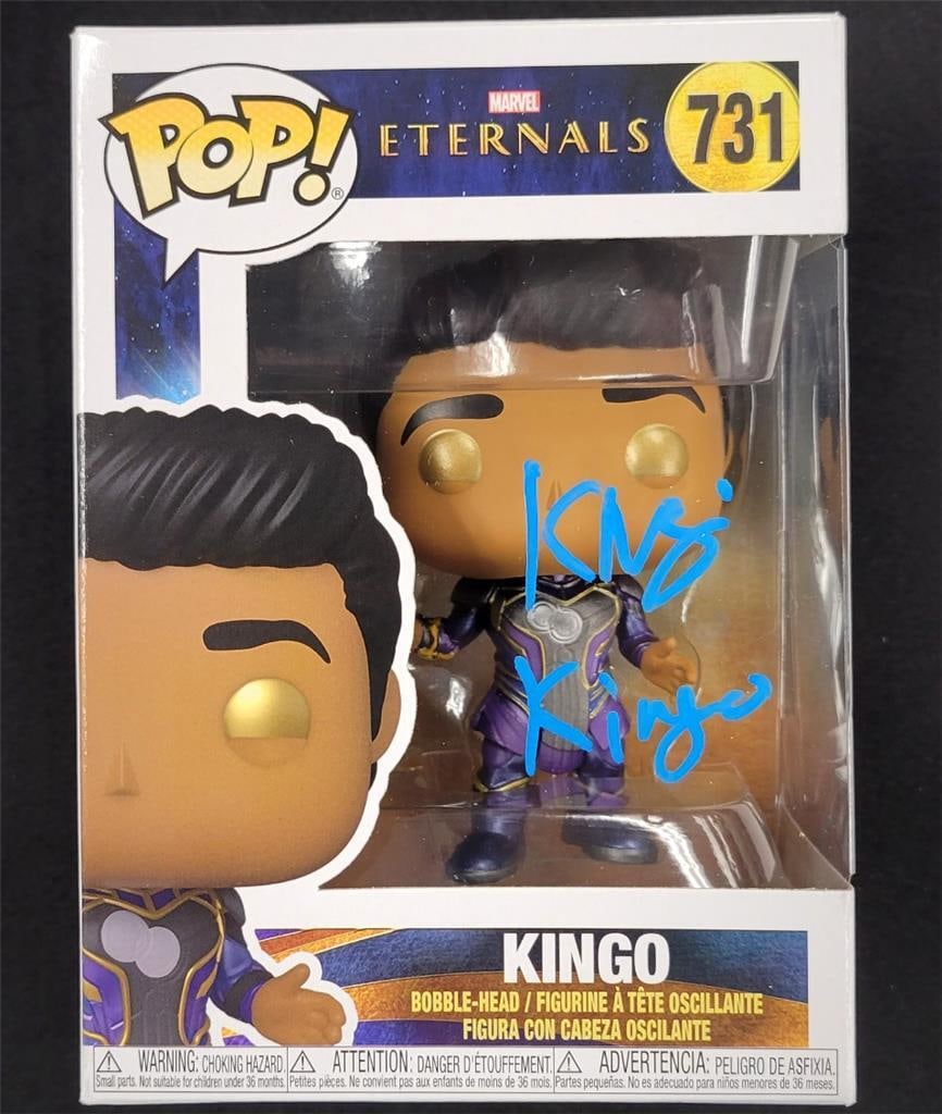 Kumail Nanjiani Kingo Signed Funko Pop Marvel Eternals Beckett Authenticated: Kumail Nanjiani Kingo Signed Funko Pop Marvel Eternals Beckett Authenticated This is an original Funko Pop figure featuring Kingo from Marvel's Eternals, signed by the talented Kumail Nanjiani. The au