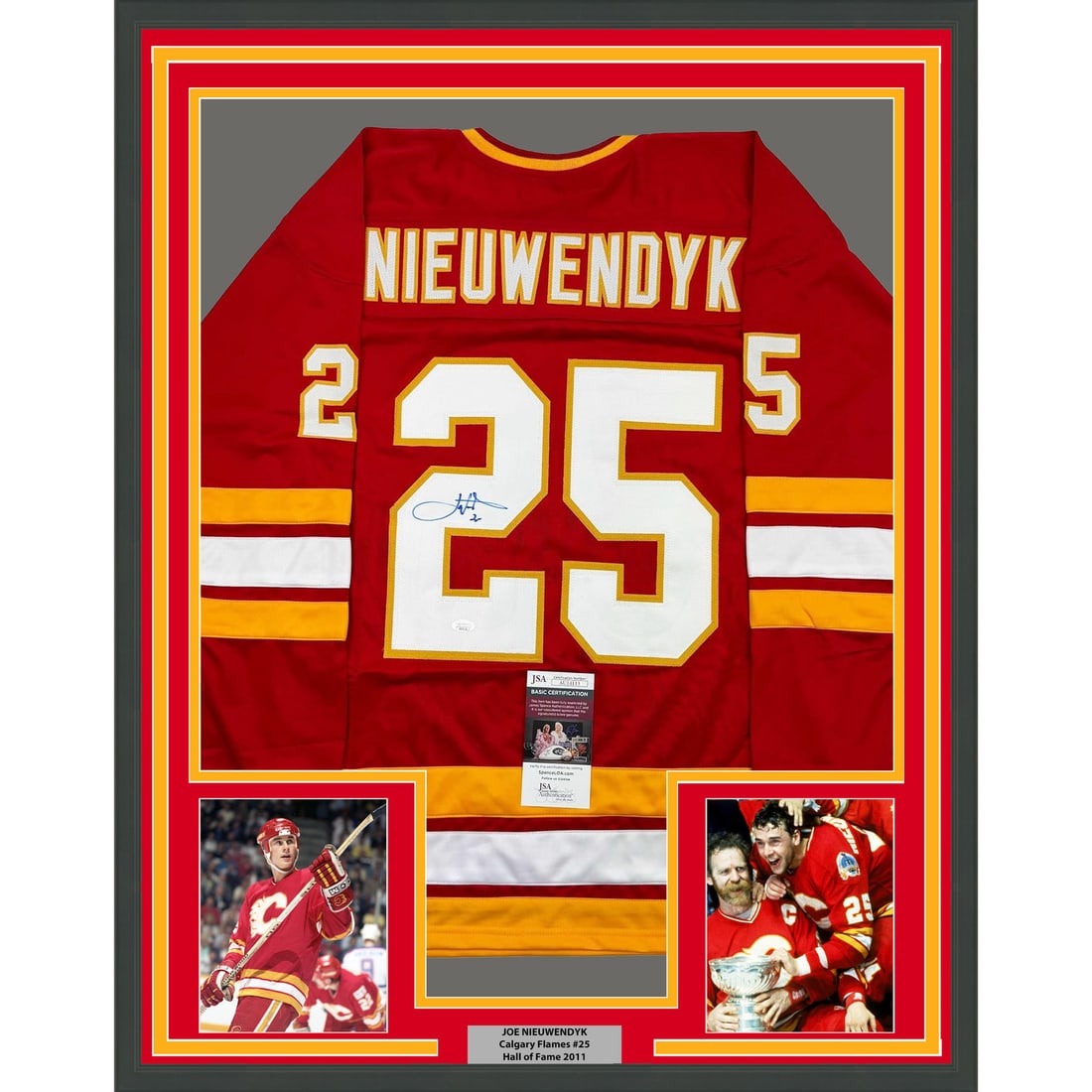 Framed Joe Nieuwendyk Autographed Calgary Flames Jersey with JSA COA: Framed Joe Nieuwendyk Autographed Calgary Flames Jersey with JSA COA Showcase your love for hockey with this framed, autographed Joe Nieuwendyk Calgary Flames jersey. Measuring 35x39 inches, this stri