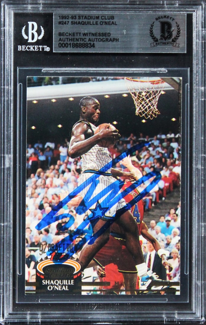 Shaquille O'Neal Signed 1992 Stadium Club Rookie Card Beckett Authenticated: Shaquille O'Neal Signed 1992 Stadium Club Rookie Card Beckett Authenticated This autographed 1992 Stadium Club #247 rookie card features the iconic signature of Shaquille O'Neal, one of basketball's g