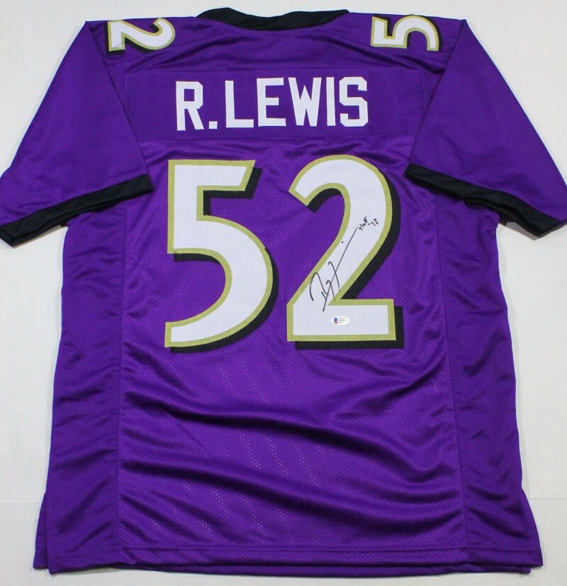 Ray Lewis Signed Purple Pro Style Jersey w/HOF Beckett Auth: Ray Lewis Signed Purple Pro Style Jersey w/HOF Beckett Auth This is an original purple pro style jersey autographed by Hall of Famer Ray Lewis, a legendary player for the Baltimore Ravens. The jersey 
