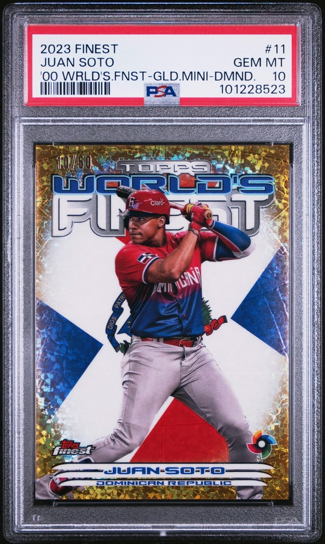 2023 Topps Finest Juan Soto #11 Gold Mini /50 PSA 10 Baseball Card: 2023 Topps Finest Juan Soto #11 Gold Mini /50 PSA 10 Baseball Card This is a graded 2023 Topps Finest Juan Soto #11 '00 Gold Mini baseball card, limited to just 50 copies. It features the talented ath