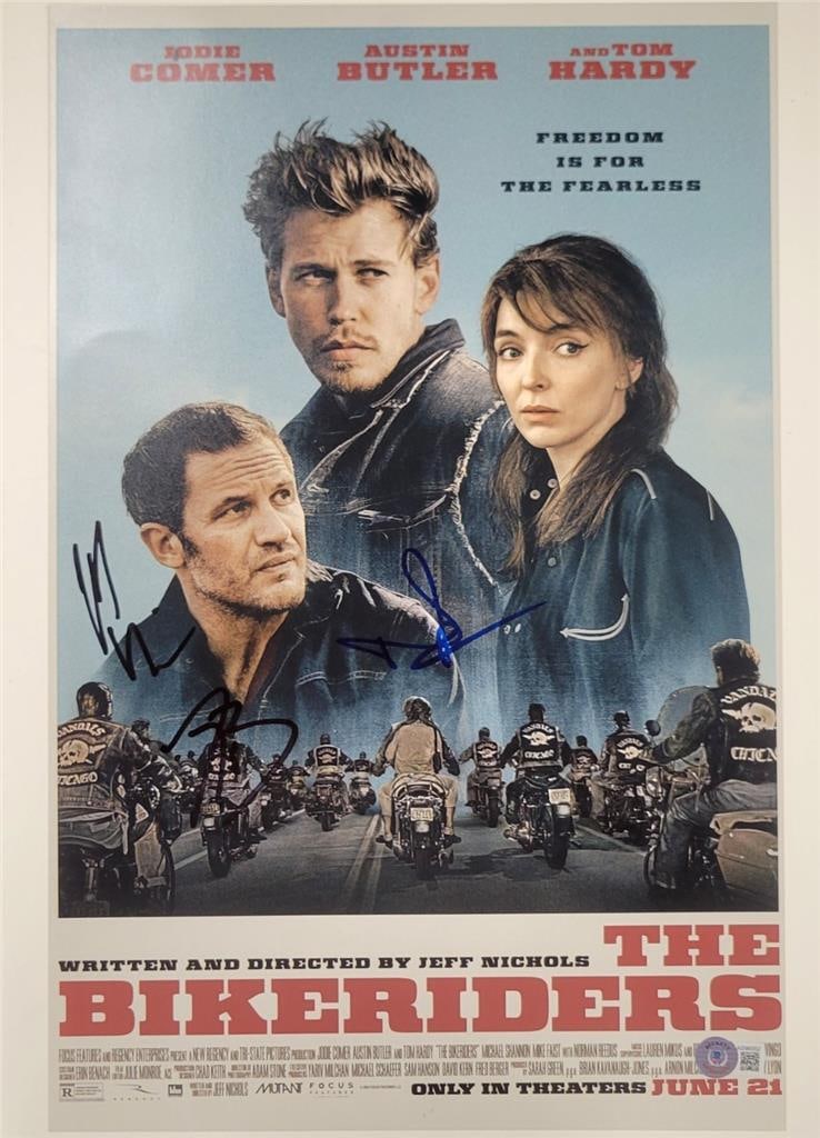 The Bikeriders Signed 11x17 Photo with Reedus Butler Nichols Beckett Authenticated: The Bikeriders Signed 11x17 Photo with Reedus Butler Nichols Beckett Authenticated This 11x17 photograph features the cast of "The Bikeriders" and is signed by Norman Reedus, Butler, and Nichols. The 