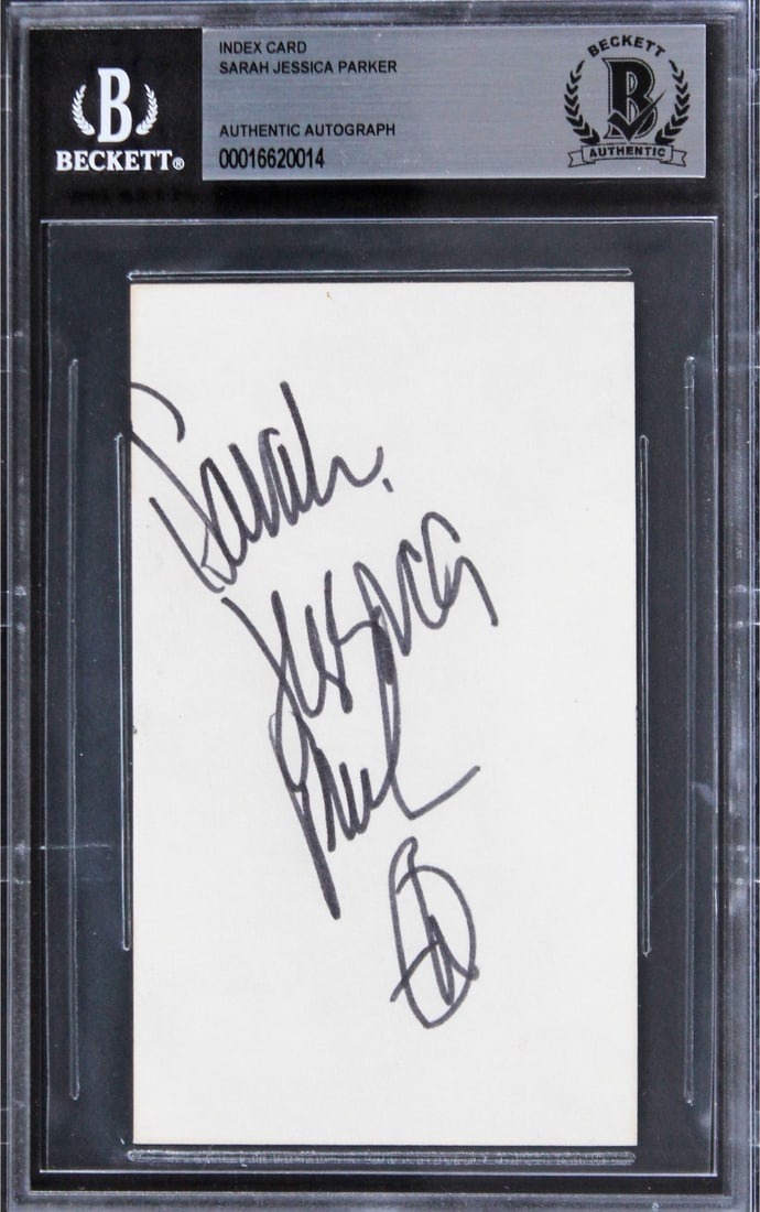Sarah Jessica Parker Signed 3x5 Index Card Sex And The City Beckett Authenticated: Sarah Jessica Parker Signed 3x5 Index Card Sex And The City Beckett Authenticated This autographed 3x5 index card features the signature of Sarah Jessica Parker, recognized for her role in the iconic 