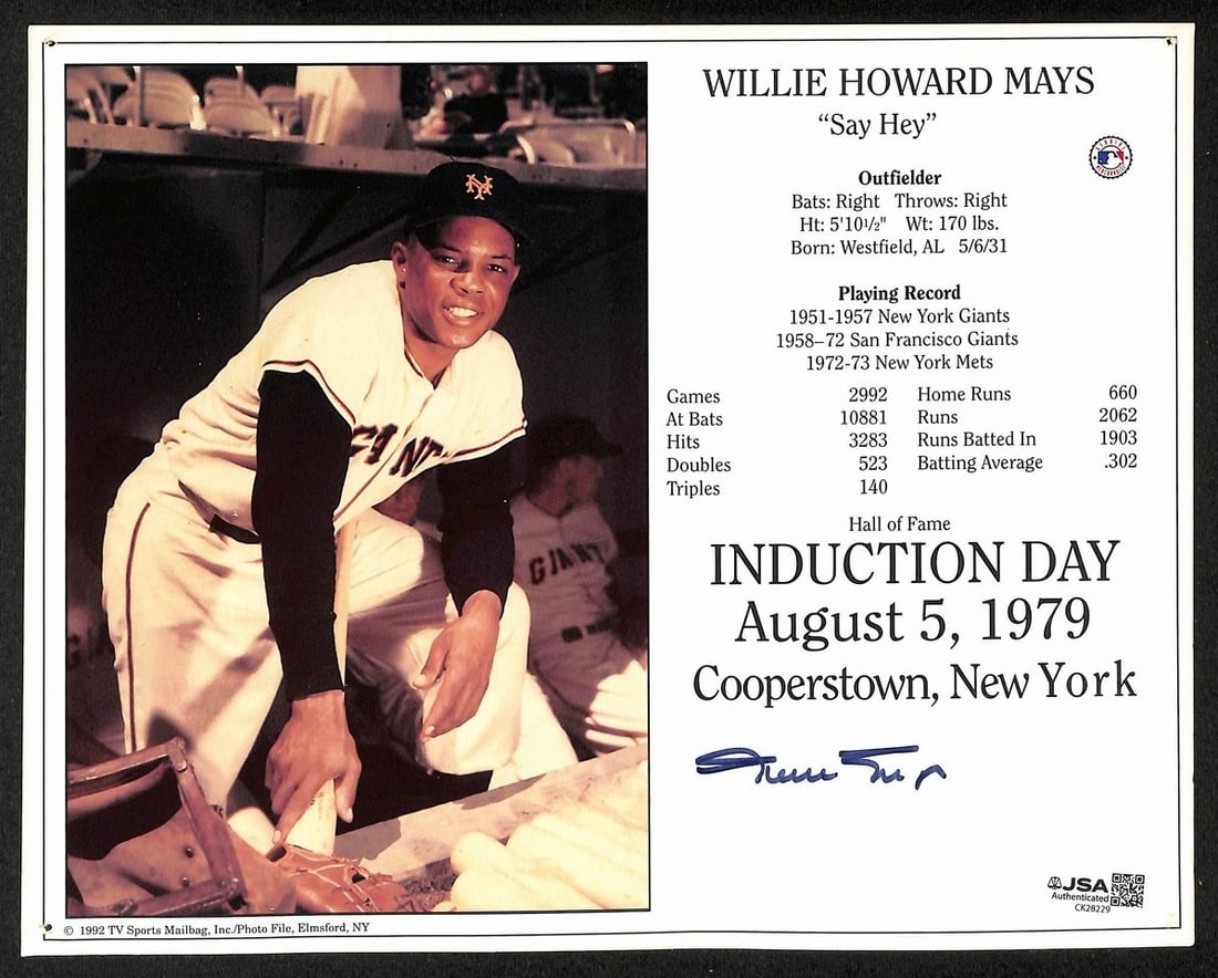 Willie Mays Signed 8x10 New York Giants Photo JSA Authenticated: Willie Mays Signed 8x10 New York Giants Photo JSA Authenticated This original 8x10 photo captures Willie Mays on his Hall of Fame Induction Day, August 5, 1979, as a member of the New York Giants. The