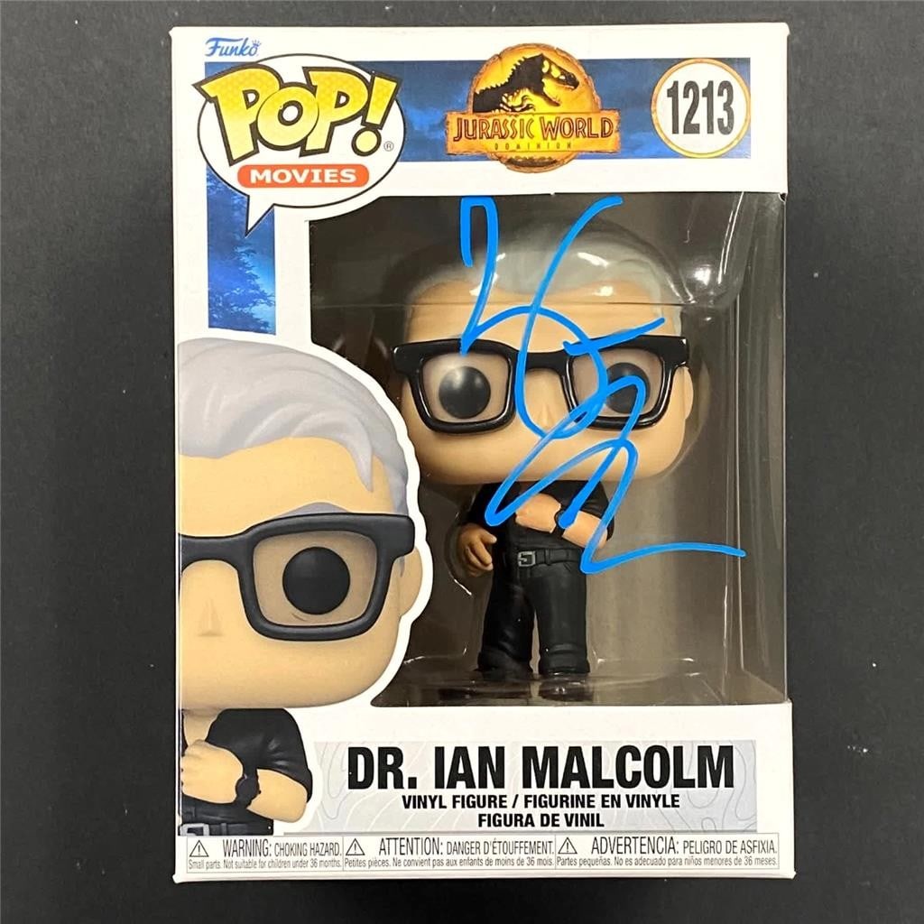 Dr Ian Malcolm Funko Pop 1213 signed by Jeff Goldblum Beckett authenticated: Dr Ian Malcolm Funko Pop 1213 signed by Jeff Goldblum Beckett authenticated This Funko Pop figure features Dr. Ian Malcolm from Jurassic World and is hand-signed by Jeff Goldblum. The autograph is aut