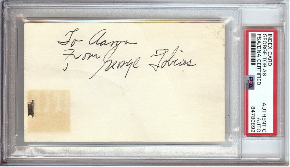 George Tobias Bewitched Abner Signed Index Card PSA DNA Authenticated: George Tobias Bewitched Abner Signed Index Card PSA DNA Authenticated This is an original index card autographed by George Tobias, known for his role as Abner in Bewitched. The card has been professio
