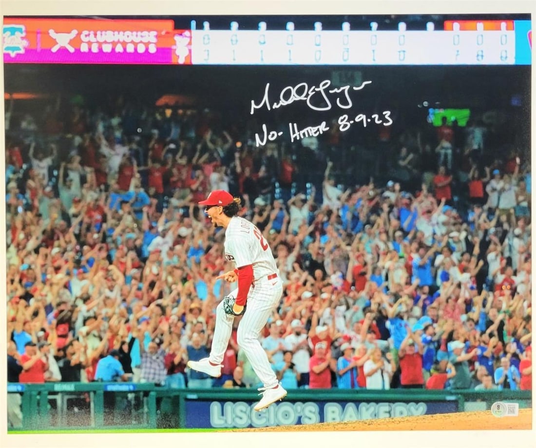 Michael Lorenzen Signed No Hitter 8-9-23 16x20 Photo Beckett Authenticated: Michael Lorenzen Signed No Hitter 8-9-23 16x20 Photo Beckett Authenticated This stunning 16x20 photo captures Michael Lorenzen's remarkable achievement of throwing a no-hitter on August 9, 2023. The p