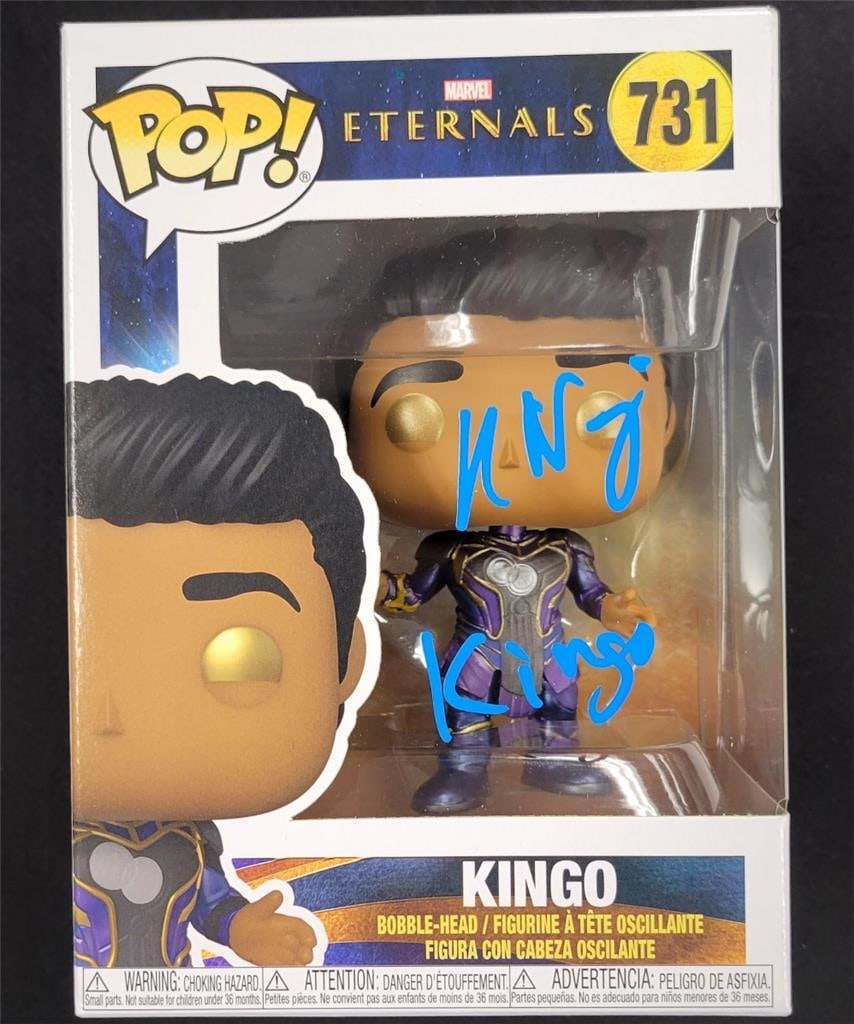 Kumail Nanjiani Signed Kingo Funko Pop Marvel Eternals Beckett Authenticated: Kumail Nanjiani Signed Kingo Funko Pop Marvel Eternals Beckett Authenticated This is a signed Funko Pop! figure of "Kingo" from the Marvel Eternals movie, personally autographed by Kumail Nanjiani. Th