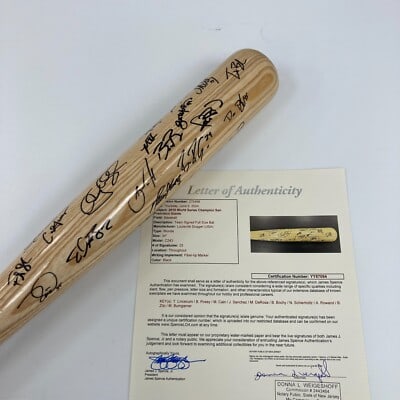 2010 Giants Team Signed Louisville Slugger Bat JSA Authenticated 28 Signatures: 2010 Giants Team Signed Louisville Slugger Bat JSA Authenticated 28 Signatures Celebrate the 2010 San Francisco Giants' World Series victory with this authentic team-signed Louisville Slugger 125 mode