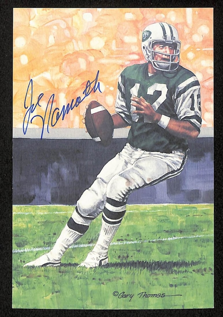 Autographed 1990 Goal Line Art Postcard Joe Namath New York Jets PSA DNA: Autographed 1990 Goal Line Art Postcard Joe Namath New York Jets PSA DNA This is an original 1990 GLAC/Goal Line Art postcard featuring football legend Joe Namath of the New York Jets. The postcard is