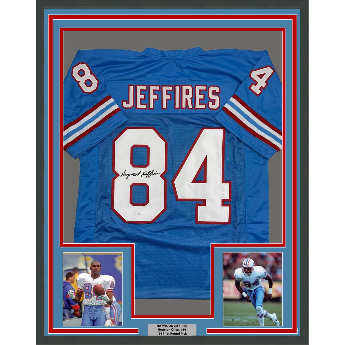 Haywood Jeffires Signed Tennessee Blue Jersey Framed Display JSA Authenticated 35x39: Haywood Jeffires Signed Tennessee Blue Jersey Framed Display JSA Authenticated 35x39 This is a framed and autographed Haywood Jeffires Tennessee Blue jersey, authenticated by James Spence Authenticati