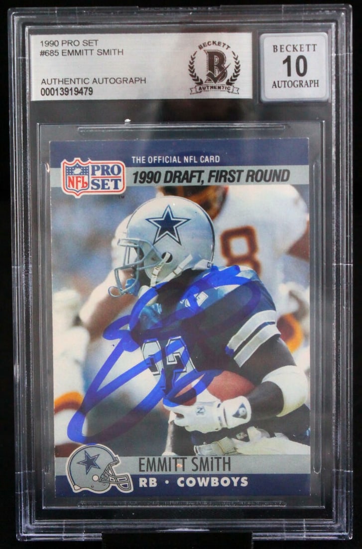 Emmitt Smith Signed 1990 Pro Set Rookie Card BGS 10 Autograph Dallas Cowboys: Emmitt Smith Signed 1990 Pro Set Rookie Card BGS 10 Autograph Dallas Cowboys This is an original 1990 Pro Set #685 Emmitt Smith sports trading card, hand signed by Emmitt Smith of the Dallas Cowboys. 