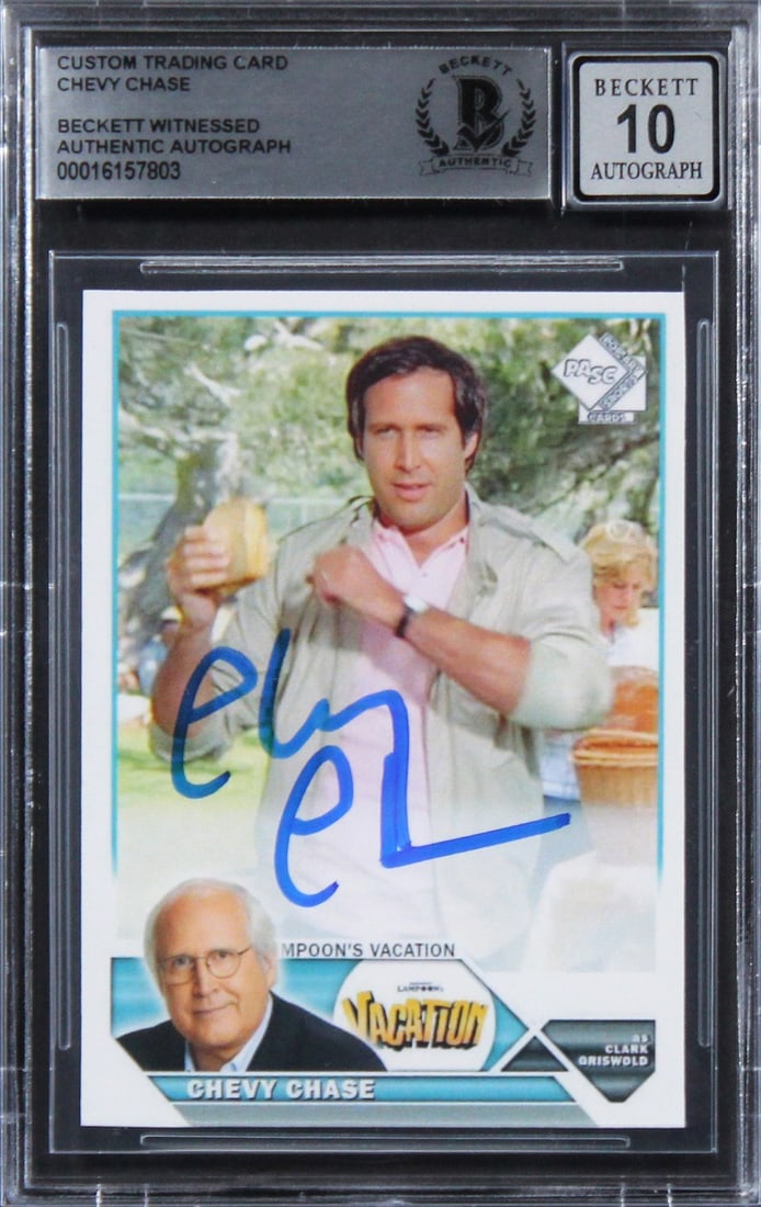 Chevy Chase Signed National Lampoon's Vacation Trading Card Gem Mint 10 BAS Slabbed: Chevy Chase Signed National Lampoon's Vacation Trading Card Gem Mint 10 BAS Slabbed This is an authentic, autographed trading card featuring Chevy Chase, renowned for his role in National Lampoon's Va