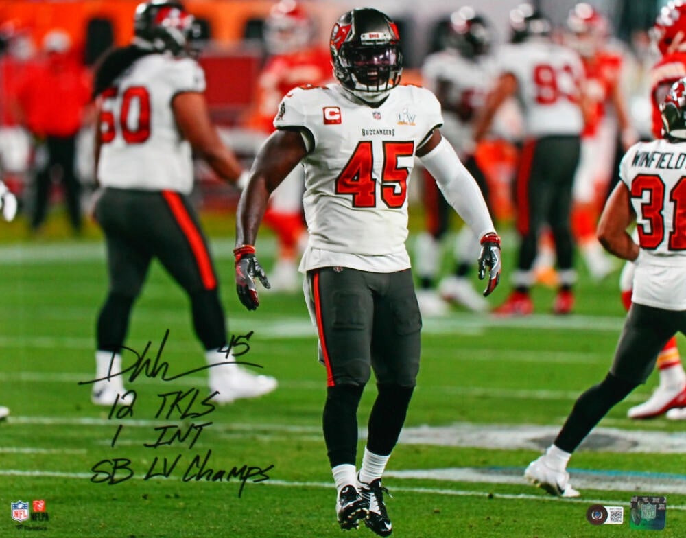 16x20 Devin White Signed Buccaneers Photo with Three Inscriptions Beckett Authenticated: 16x20 Devin White Signed Buccaneers Photo with Three Inscriptions Beckett Authenticated This is a pre-owned 16x20 photograph featuring Devin White of the Tampa Bay Buccaneers. The photo is hand-signed