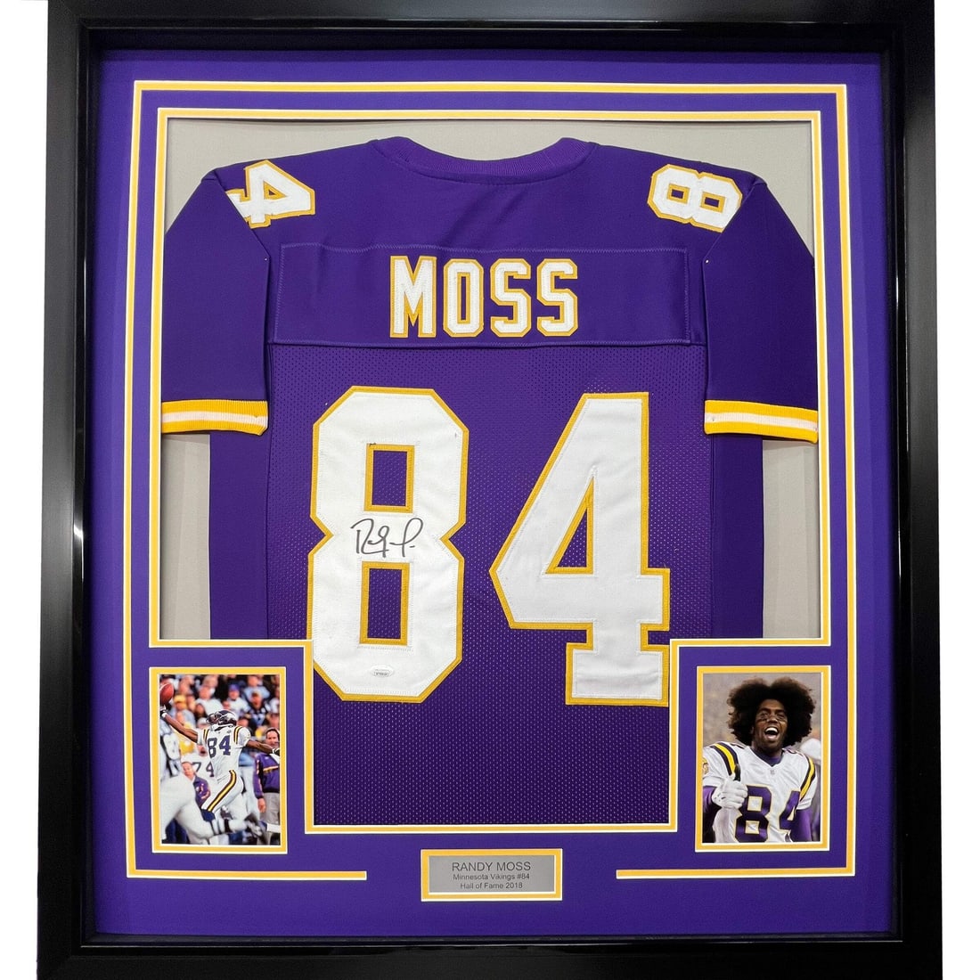 Framed Signed Randy Moss Minnesota Vikings Jersey with JSA COA 33x42: Framed Signed Randy Moss Minnesota Vikings Jersey with JSA COA 33x42 Showcase your love for football with this professionally framed autographed Randy Moss Minnesota Vikings purple jersey. Measuring a