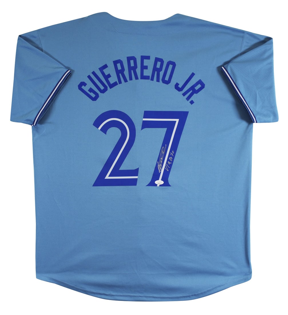 Signed Blue Pro Style Jersey Vladimir Guerrero Jr JSA Authenticated: Signed Blue Pro Style Jersey Vladimir Guerrero Jr JSA Authenticated This blue pro style jersey has been personally signed by Vladimir Guerrero Jr. of the Toronto Blue Jays, featuring the inscription "