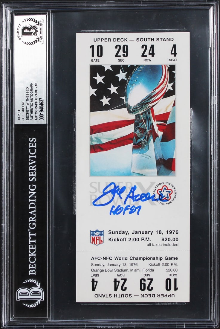 Joe Greene Signed Super Bowl X Replica Ticket HOF 87 Beckett GEM 10 Slabbed: Joe Greene Signed Super Bowl X Replica Ticket HOF 87 Beckett GEM 10 Slabbed This is an original Super Bowl X replica ticket stub, personally signed by Joe Greene of the Pittsburgh Steelers. The ticket