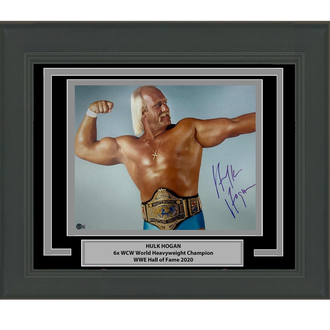 Hulk Hogan Signed 16x20 WWE Photo Framed with Beckett BAS Authentication: Hulk Hogan Signed 16x20 WWE Photo Framed with Beckett BAS Authentication This is a professionally framed and matted 16x20 photo featuring Hulk Hogan, autographed and authenticated by Beckett Grading S